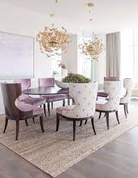 Upholstered Lavender Chairs And Gold Butterfly Chandeliers Make The Space Girlish Dining Room Design Luxury Dining Room Dining Room Decor