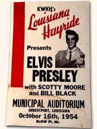 October 16, 1954: Elvis performed on the Louisiana Hayride radio show program. Scotty Moore and Bill Black accompanied Elvis. Elvis sung “That's All Right (Mama)” and “Blue Moon of Kentucky.” Sam Phillips