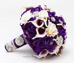 Purple and ivory wedding bouquets. Bridal Bouquet Callas Purple Ivory Roses Rhinestones Hydrangea Groom Songs From The Garden
