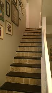 Dark Wood Floor Stairs With Travertine Risers Tiled Staircase Flooring Redo Stairs