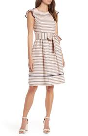 Free Shipping And Returns On 1901 Stripe Fit Flare Dress At Nordstrom Com Ruffled Cap Sleeves And A Bold Bow Fit Flare Dress Flare Dress Puff Sleeve Dresses