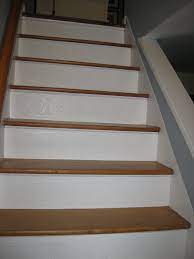 Stair Risers Finished With Paintable Textured Wallpaper Border Wood Stair Treads Hardwood Stair Treads Concrete Stairs