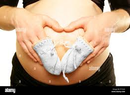 Arms On Pregnant Mommy Belly Tummy Holding Tiny Little Wool Mittens Loving Baby White Background Stock Photo Alamy