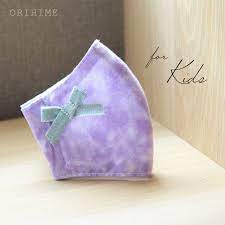 ラベンダーカラーの子供用メッシュマスク 吸汗速乾 ドライメッシュ パープル タイダイ デニム生地のリボン付き 夏マスク おしゃれマスク かわいいマスク ラベンダーカラー マスク 夏 マスク