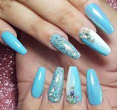 Blue And White Ombre With Gems And Glitter On Acrylic Sculpted Nails Sculpted Nails Nails Dry Skin Body Cream