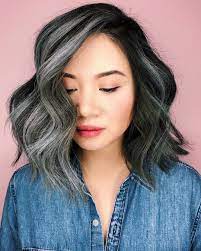 Black Layered Lob With Big Soft Waves And Smoky Grey Balayage Highlights The Latest Hairstyles For Men And Women 2020 Hairstyleology Gray Hair Highlights Grey Ombre Hair Hair Highlights