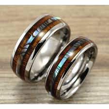 Tungsten Wedding Band Set With Mother Of Pearl Abalone And Wood Inlay Couple Set Wood Wedding Rings Set Tungsten Wedding Band Sets Wedding Band Sets