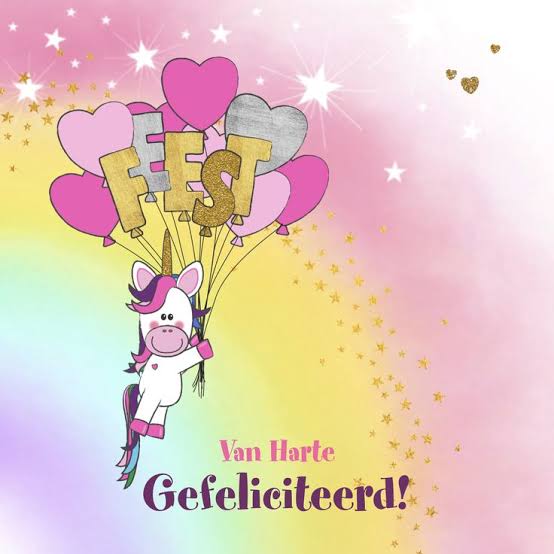 Verjaardagskaart meisje regenboog unicorn en ballonnen