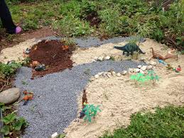 Dinolandschaft Im Garten Zum Spielen Sand Und Kies Aus Dem Baumarkt Plastikdinosaurier Ein Paar Steine Und Pflanzen Garten Kinderbasteleien Pflanzen