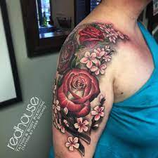 Maybe you would like to learn more about one of these? Rose And Cherry Blossom Tattoo By Jess Rocha Redhouse Tattoo Body Piercing Buffalo Ny Cherry Blossom Tattoo Arm Cover Up Tattoos Circle Tattoos
