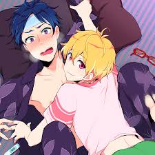pochi (goodgrief), hazuki nagisa, ryuugazaki rei, free!, bad id, bad pixiv  id, 10s, 2boys, bed, blonde hair, blue hair, blush, cold pack, fever,  glasses, male focus, multiple boys, open clothes, open shirt,