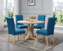 Superior quality kitchen dining set that made of 100% asian hardwood. Siena White Washed Finished 5 Piece Dining Set Pedestal Round Table With Blue Upholstered Chairs Walmart Com Walmart Com