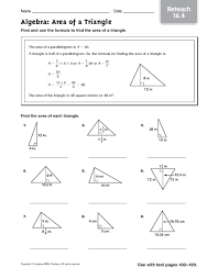 Algebra Area Of A Triangle Reteach 16 4 Worksheet For 5th 6th Grade Lesson Planet