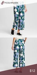 Womens Wide Leg Pants Green Floral Cropped Ankle Merona