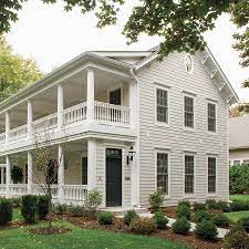 We were going to do bright white trim and white ceilings, but now that the cabinets are up i can't image that would look good. Image Result For Off White Exterior House With White Trim White Exterior Houses House Paint Exterior Hardie Plank