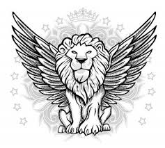 Black And White Lion Tattoo Drawing Winged Lion Front View Drawing Animal Drawings Lion Tattoo Drawings
