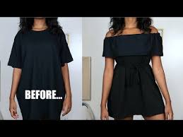 Diy Off The Shoulder Ruffle Dress T Shirt Transformation Youtube Shirt Dress Diy Shirt Transformation Revamp Clothes