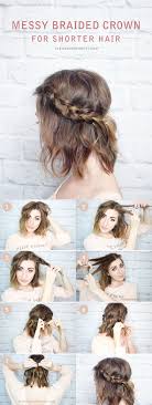 Messy Braided Crown For Shorter Hair Tutorial Medium Hair Styles Braids For Short Hair Hair Styles