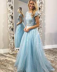 Jewel Beading Bodice Sparkle Light Blue Tulle Prom Dress With Short Sleeves Pd1754 In 2021 Tulle Prom Dress Blue Tulle Prom Dress Dresses