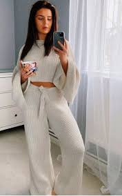 Nwt classiques entier wide leg trouser in black tweed stretch wool pant 16 x 33top rated seller. Katie Knitted Slit Sleeve Co Ord In Beige Ikrush