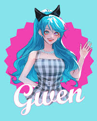 gwen (league of legends), league of legends, absurdres, highres, 1girl,  alternate costume, alternate hairstyle, arm behind back, bare arms, black  bow, bow, breasts, character name, dress, earrings, green background, grey  dress, grin,
