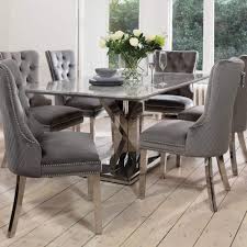 Black metal garden dining table and 6 chairs in good condition, with small signs of use as shown. Tamzen 200cm Grey Marble Dining Table 6 Remington Grey Velvet Chairs With Knocker