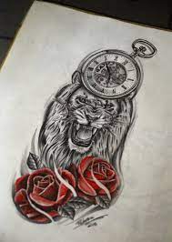 Lion Roses And Clock Tattoo Sketch Clock Tattoo Sleeve Mens Lion Tattoo Sleeve Tattoos
