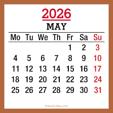 May 2026 Monthly Calendar, Printable Free, Monday Start – PashaCoffee.com