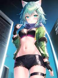 ai generated aqua eyes blue hair bra cat ears fingerless gloves  green eyes jacket looking at viewer looking down looking down at viewer nai  diffusion scarf short hair short