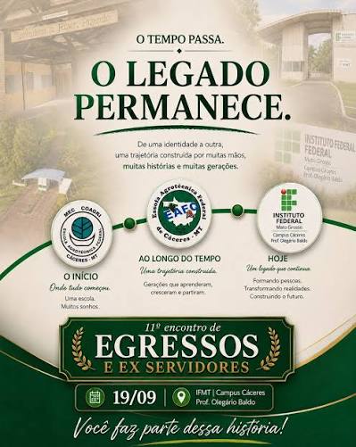 O IFMT Campus C&aacute;ceres carrega a marca de muitas gera&ccedil;&otilde;es de estudantes,  servidores e profissionais que fizeram &mdash; e continuam fazendo &mdash; parte dessa  trajet&oacute;ria. &Eacute; com esse sentimento que anunciamos o