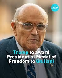 U.S. President Donald Trump announced he will award the Presidential Medal  of Freedom, the nation's highest civilian honor, to former New York Mayor  Rudy Giuliani, just days after Giuliani was hospitalized following