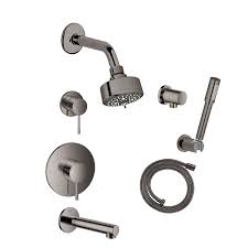 The aqua guide technology allows the user to customize the angle of the water flow between 20 and 40 degrees to avoid splashing back against the basin. Grohe Gss Essence Pb 5 A00 Hard Graphite Essence Pressure Balanced Shower System With Shower Head Hand Shower Shower Arm And Hose Valves Included Faucet Com
