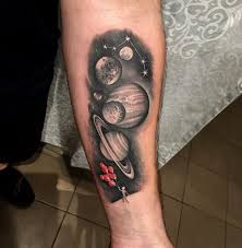 Simple Black And Grey Space With Planets And Constellation Tattoo Tattoo Space Spacetattoo Blackandgrey Tattooartist Tattoos Space Tattoo Planet Tattoos
