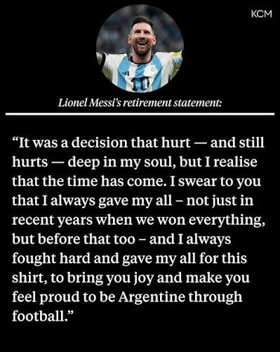 On Monday, Argentina captain Lionel Messi announced he is retiring from  international soccer after 21 years on the national team. He will continue  to play on Inter Miami, a club-level Major League