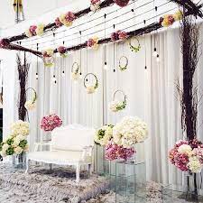 Gorgeous Stage Decor With Hanging Light Bulbs And Floral Hoops Stage Decor Inspira Wedding Decor Elegant Wedding Stage Decorations Indian Wedding Decorations
