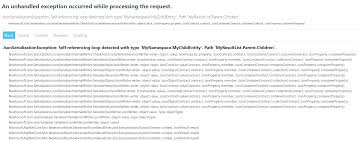 This sample uses a t:newtonsoft.json.serialization.camelcasenamingstrategy specified using a contract resolver to camel case serialized property names. Jsonserializationexception Self Referencing Loop Error How To Fix
