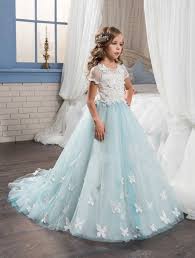 Lace Applique Flower Girl Dresses Blue Princess Pageant Dresses Kids Wedding Bride Flower Girl Dresses Blue Long Flower Girl Dresses Flower Girl Dresses Tulle