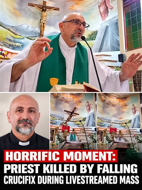 A priest has been killed by a falling crucifix as he performed a mass that  was being live streamed online. Read more ⬇️