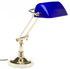 With a ceramic base and fabric shade, this lamp is versatile in design and perfect for any room and space. Bankerslamp Table Lamp Banker Lamp Brass Desk Lamp Blue Aubaho