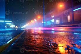 Neon-lit urban setting with searchlight beam, smoky abstract ambiance on  wet asphalt. AI Generated 28703680 Stock Photo at Vecteezy