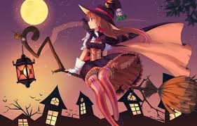 Paper lantern in the shape of a witch hat is printed with magical pumpkins and stars. Wallpaper Night Lantern Broom Bats Raven The Full Moon Art Witch Striped Stockings Witch Hat Witch Red Haired Beast Black Magic Halloweeen Emuki Images For Desktop Section Fantastika Download