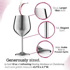 The stainless wine glasses stemless balanced bulb shape is made for a natural, comfortable feel when held in your hand while allowing the wines to this set of stainless steel cups includes a set of colorful silicone wine glass markers adding a fun way to keep track of your own beverage in social. Buy Stemmed Stainless Steel Wine Glasses 18 Oz Unbreakable Goblets For Outdoor Pool Party Anniversary And Wedding Toasting Elegant Silver Tone Drinkware For Champagne And Cocktails Set Of 2 Hellip Online