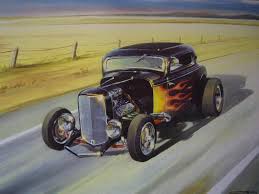 Ian Guy Motoring Artist Painting Of A 32 Deuce Coupe Black N Flamed Ford Three Window Hot Rod Art Cars Automotive Art Hot Rods