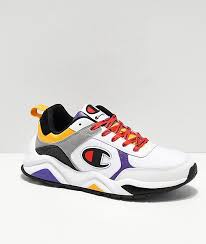 Black And White Champion Shoes Champion 93 Eighteen Big C White Purple Yellow Black Shoes Zumiez In 2020 Champion Shoes Purple Sneakers Shoes Too Big