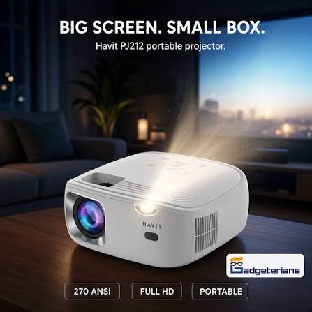 Big screen. Small box. Havit PJ212 270 ANSI FHD portable projector.  https://gadgeterians.com/product/havit-pj212-270-ansi-fhd-portable-projector /