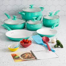 Tasty Ceramic Non Stick 16 Piece Cookware Set Titanium Reinforced Dishwasher Safe Ombre Green Walmart Com Cookware Set Ceramic Non Stick Fast Cleaning