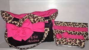 Personalized 3 Piece Diaper Bag Set In Leopard Print And Hot Pink Interchangeable Sash With Bow W Personalized Diaper Bag Baby Diaper Bags Cute Diaper Bags