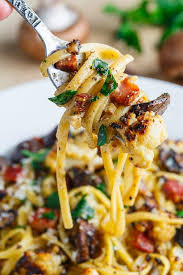 Roasted Cauliflower And Mushroom Carbonara Recipe Pasta Dishes Healthy Recipes Recipes
