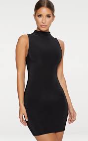 Black Second Skin Double Layered Slinky High Neck Sleeveless Bodycon Dress Bodycon Dress High Neck Bodycon Dress Dresses
