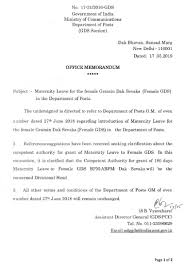 During the period of confinement of wife of a railway employee. Maternity Leave For The Female Gds In The Department Of Posts